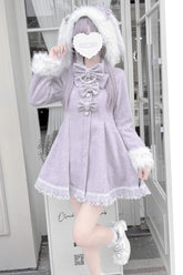 Grey/Purple Long Sleeves Bowknot Rabbit Ears Detachable Hooded Japanese Jirai Kei Coat
